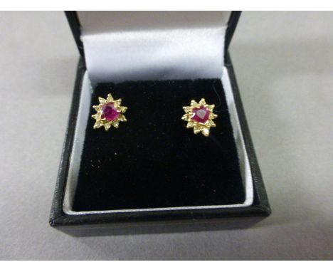 Pair of Yellow Gold Ruby and Diamond Flower Shaped Earrings