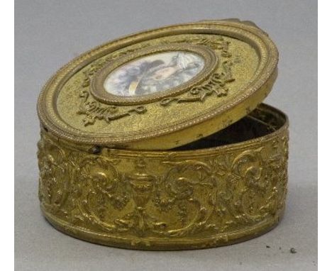 Antique Continental Circular Brass Trinket Box with Hand Painted Portrait to lid