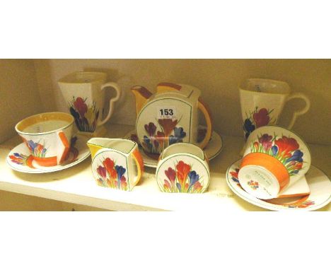 Limited Edition Reproduction Clarice Cliff Bizarre Tea Set for Two together with a Pair of Moorland Chelsea Works Mugs