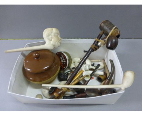 Box of Vintage Smoking Pipes including Silver Collared plus Tobacco Jar