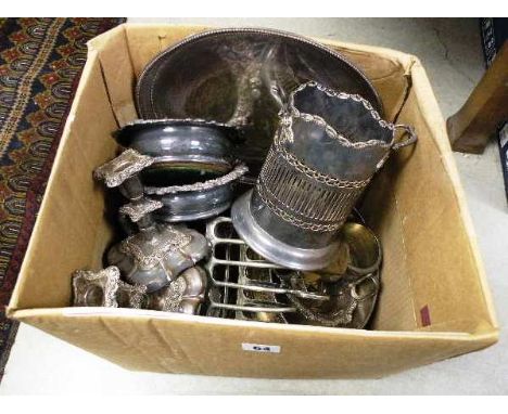 Good Box of Silver Plated including Wine Bottle Holder, Bottle Coasters, Three Piece Tea Service, Toast rack, etc