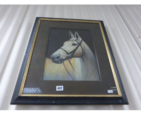 Framed Equine Oil Painting Study Portrait of a Grey Thoroughbred