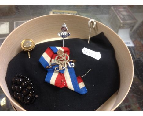 Three Stick Pins, GR Enamel Badge with Ribbon and a Brooch
