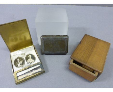 Vintage Tortoiseshell Effect Match Holder with 1935 Coronation matches, another Vesta Case and a Wooden Matchbox Holder
