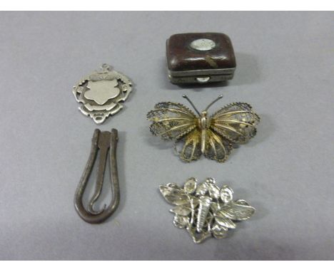 Silver Medallion, Two Butterfly Brooches, Vintage Pill Box, etc