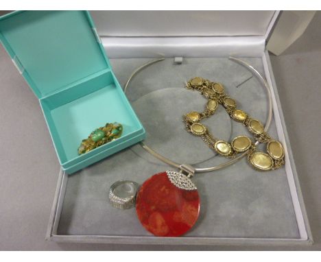 Silver Necklace with Polished Red Disc Agate Pendant, Silver Ring, Yellow Metal Brooch set with Jade and a Yellow Metal Neckl