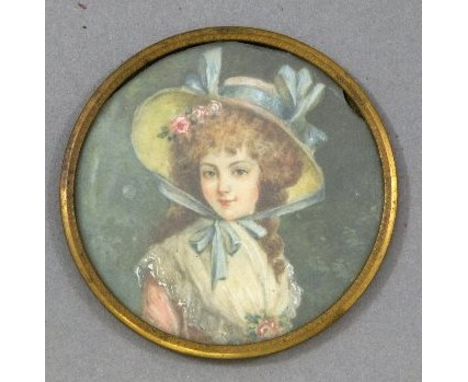 Victorian Circular Miniature Portrait of Girl in Bonnet