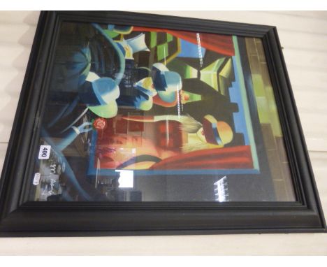 Framed Modern School Portrait Art Deco Scene Figures in a Liaison 