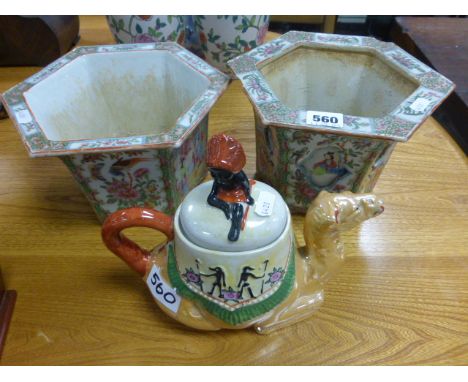Two Cantonese Hexagonal Famille Rose Planters together with a Japanese Lustre Teapot in the form of a Camel