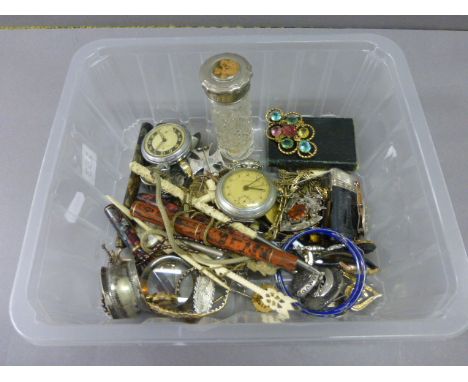 Box of Costume Jewellery, Watches, Ivory, Pens, Lighter, etc