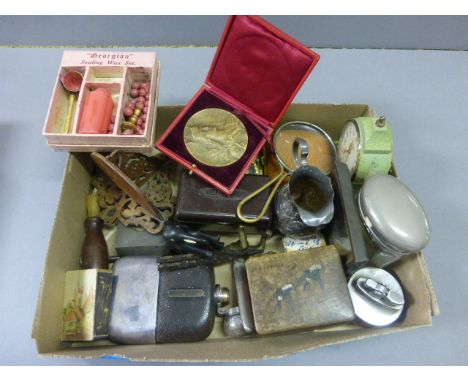 Mixed Tray of Small Collectables including Hip Flask, Alarm Clocks, Lighter, Razor, Corkscrew, etc