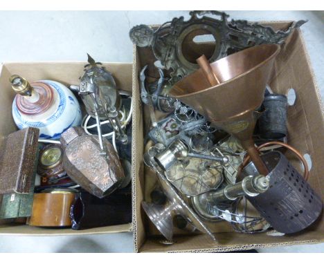 Box of Metalware including Copper Funnel together with a Box of Collectable Items including Scales, Trench Art, Chinese Lamp,