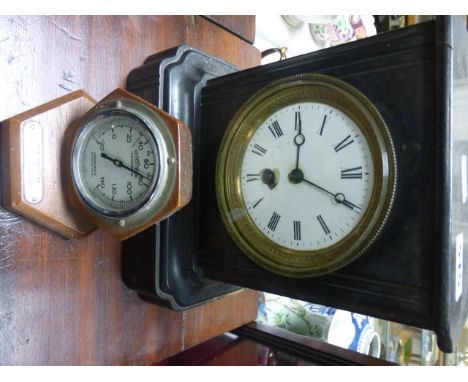 Victorian Slate Mantle Clock together with a Rototherm Thermometer, the case made from the Teak of H.M.S Champion
