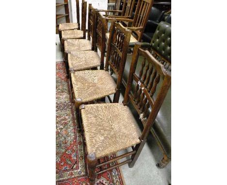 Set of Six Oak String Seated Ladder Back Dining Chairs