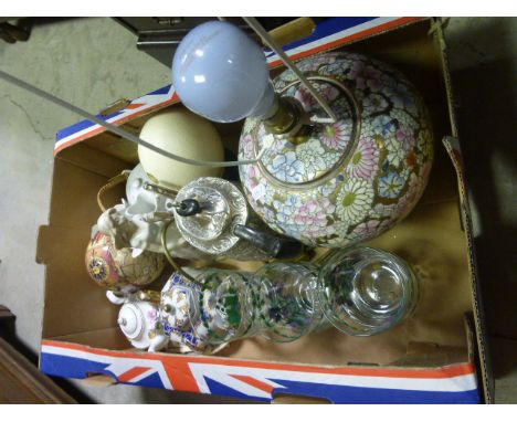 Mixed Lot comprising Table Lamp, Silver Plated Tea Pot, Six Portmeirion Style Glasses, Two Large Painted Eggs, Decorative Cer