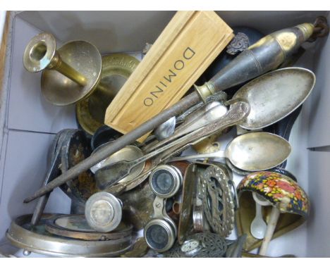 Mixed Lot of Small Collectable Items including Sea Horse Brass Paperweight, Office Stamp, Silver Plated Cutlery, Trinket Boxe