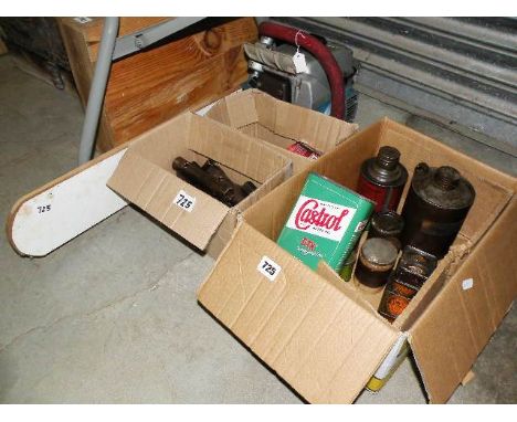 Danarm 71-SS Chainsaw, Group of Vintage Advertising Tins with Contents (mainly Oil and Grinding Compounds), Box of Vintage Sp