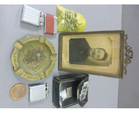 Tub Mixed Collectables including Gilt Metal Photo Frame, Navy Cut Ashtray, Collectors Coins, two Ronson Lighters and another,