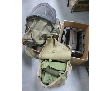 Babies Gas Mask, Military Canvas Ruck Sack, Ammo Case, Empty Bow and Arrow Case, etc