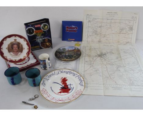 2 local area Ordnance maps, Coronation mugs, celebration plates, pewter items. Tazo collector's Force pack with Tazos