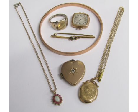 9ct gold watch (back weight 1.4g) - 9ct gold pin brooch 1.5g - 9ct gold and silver men's signet ring (size R), 8.0g, 9ct gold