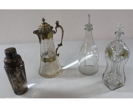 Cut glass decanter, engraved "glug glug" decanter with hand painted decoration, claret jug with plated mounts and a cocktail 
