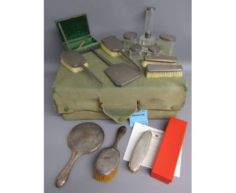 Ladies green leather travel case with L.A.Leins &amp; Sons silver London 1937 lidded jars &amp; 1935 tall glass lidded pot an