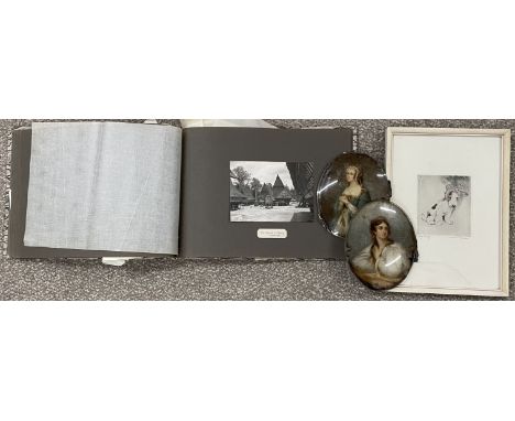Signed early 20th century etching of a bandaged fox hound puppy, 2 portraits on convex glass &amp; an album of black &amp; wh