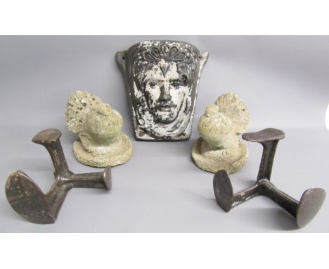 Concrete ladies face wall planter, 2 pigeons and 2 shoe lasts one being Swain size 2