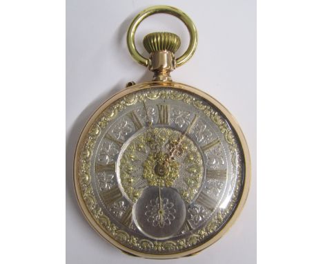 18ct gold French&nbsp;open face pocket watch with ornately decorated engine turned dial - engraved to rear with coat of arms 