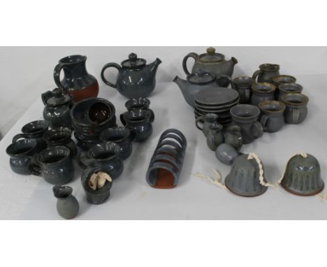 Selection of Jackpot pottery (Louth) including glazed and matte items, mugs, soup bowls, teapot, jugs, saucers, bell etc