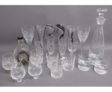 Drinking glasses includes decanter and tumblers with golf ball design to base, brandy glasses, wine glasses etc some crystal 