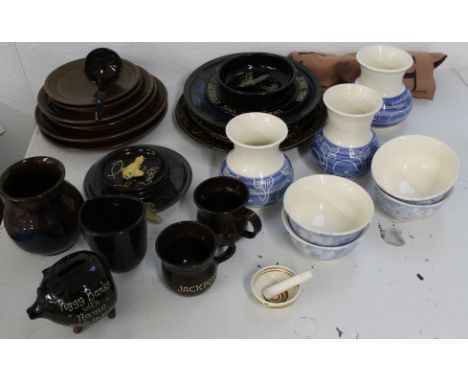 Selection of Jackpot pottery (Louth) including plates, mugs, saucers, La Ferte Bernard plate, etc plus blue/white vases and b