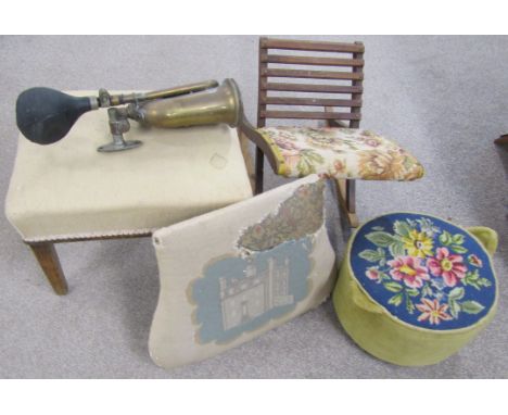 Desmo brass car horn, foot stools, gout stool etc.