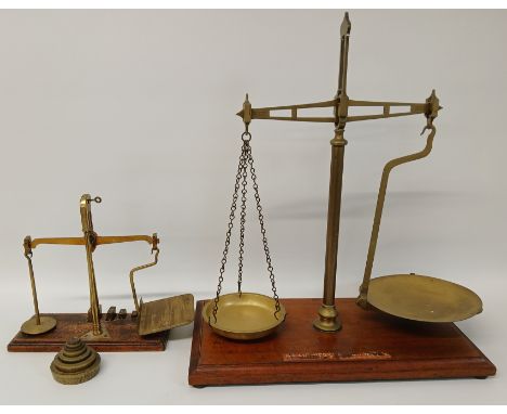 Set of brass GPO postal scales by Tanner &amp; Co London &amp; H Saunders Lincoln Avery scales and weights 50cm high