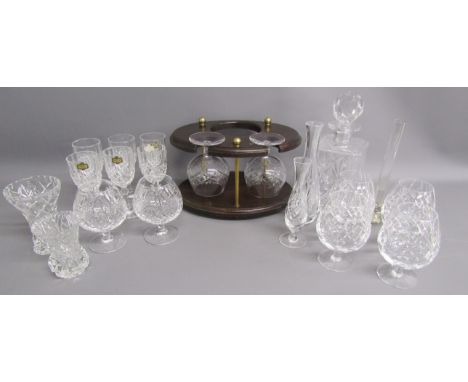 Royal Doulton crystal brandy glasses, Kristal Zajecar glasses, wooden decanter and brandy glasses holder (missing decanter), 