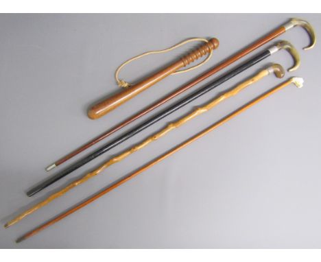 4 walking sticks / canes and a truncheon - horn handled with engraved white metal collar engraved WSP - horn handle with silv