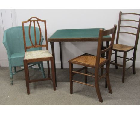Folding card table and 4 chairs - rush seat, cane seat and Lloyd loom style chair
