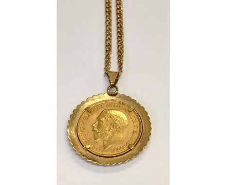 George V gold full sovereign 1913 in 9ct gold mount on 9ct gold chain (chain marked 375, bale marked 9kt, split ring marked 3