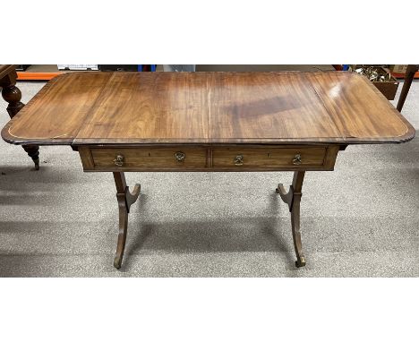 Early 20th century Regency style mahogany sofa table with brass stringing (some lifted/missing) 148cm by 71cm Ht 72cm