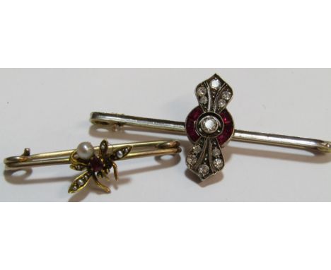 2 bar brooches - tested as 9ct gold diamond and ruby (3g) - tested as 9ct gold fly design set with ruby and seed pearl (1.7g)