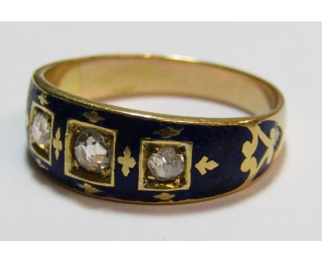 Blue enamelled gold dress ring set with 3 single diamonds tested as 15ct gold - ring size V - total weight 7.0g - diamonds ap