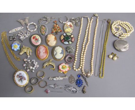 Costume jewellery includes cameos, brooches, necklaces rings, RAF pin badges, Scouts tie pin etc