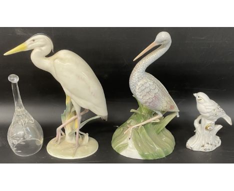Hutschenreuther ceramic stork &amp; one other, bird on a tree stump ornament&nbsp; &amp; a glass bell