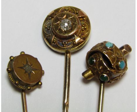 3 tie pins - 15ct gold single diamond (2.7g) - 9ct gold single diamond (1g) &amp; tested as 9ct knot set with turquoise and g