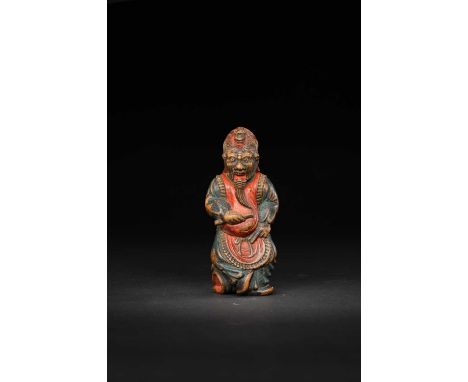 A JAPANESE SAISHIKI (PAINTED WOOD) NETSUKE OF A RANRYO-O DANCEREDO/MEIJI, 19TH CENTURYBoldly carved, the bugaku performer is 
