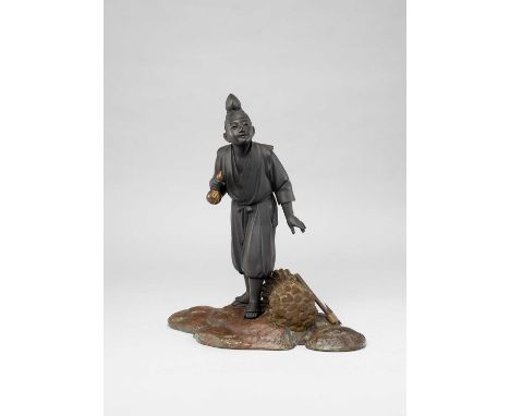 A TALL JAPANESE BRONZE OKIMONO MEIJI OR LATER, 20TH CENTURYModelled as a young man looking quizzical after dropping his axe o