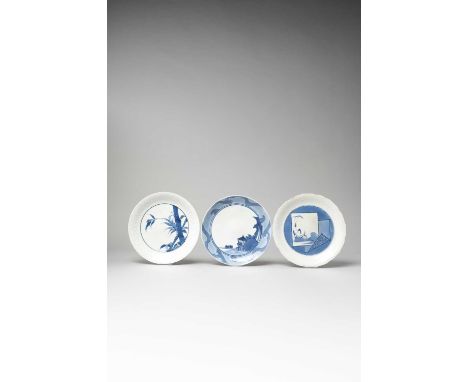 THREE JAPANESE ARITA BLUE AND WHITE DISHESEDO PERIOD, 1650-70The first decorated with a pavilion in a river landscape, the ca