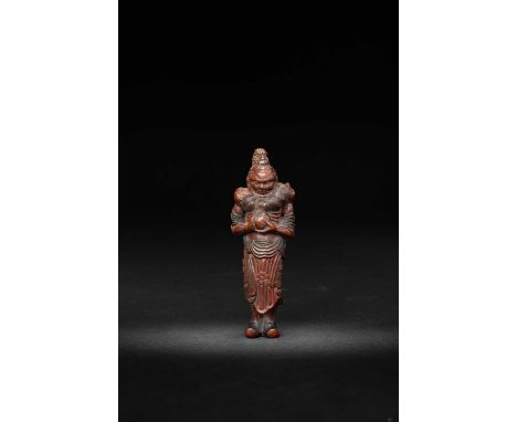 A TALL JAPANESE SAISHIKI (PAINTED WOOD) NETSUKE OF RYUJIN In the style of Yoshimura Shuzan, depicting the bearded Dragon King