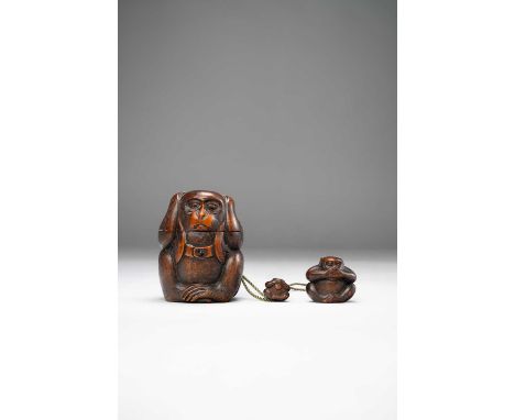 A JAPANESE WOOD TONKOTSU AND EN SUITE OJIME AND NETSUKE OF THE THREE WISE MONKEYSMEIJI ERA, 19TH CENTURYThe three parts finel